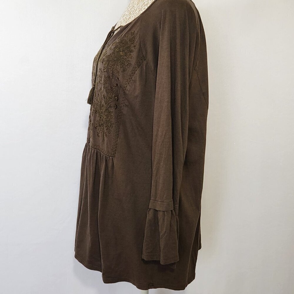 J Jill Women's Size L Pine Green Embroidered Tassel Tie Bell Sleeve Peplum Top - Picture 9 of 16